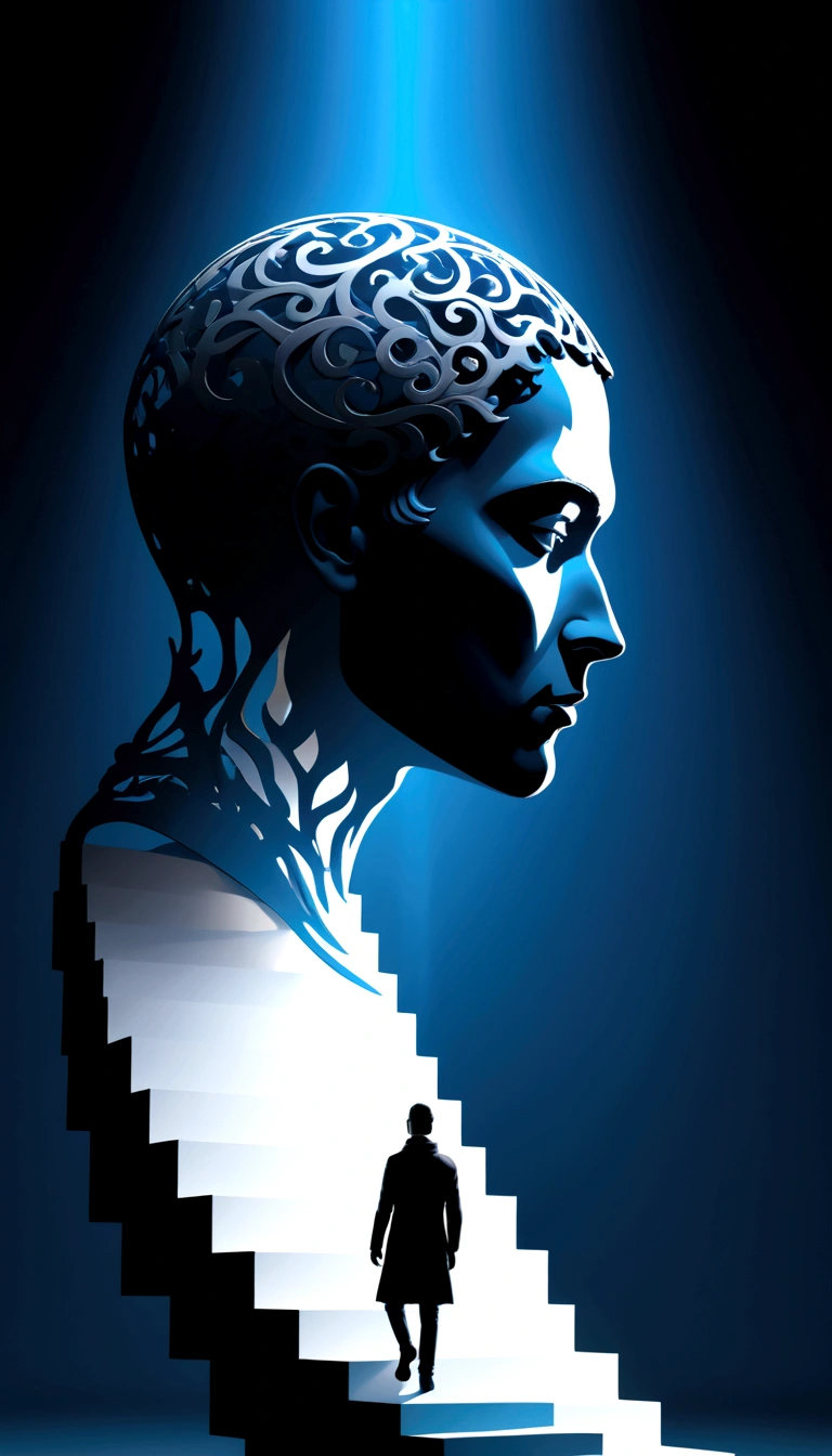 Sculptural head silhouette with an open mind leading to stairs, a lone figure ascending, representing personal growth, against a stark black background, minimalistic, blue-white gradient lighting, surrealism, digital art, Peter Tarka style, sharp focus