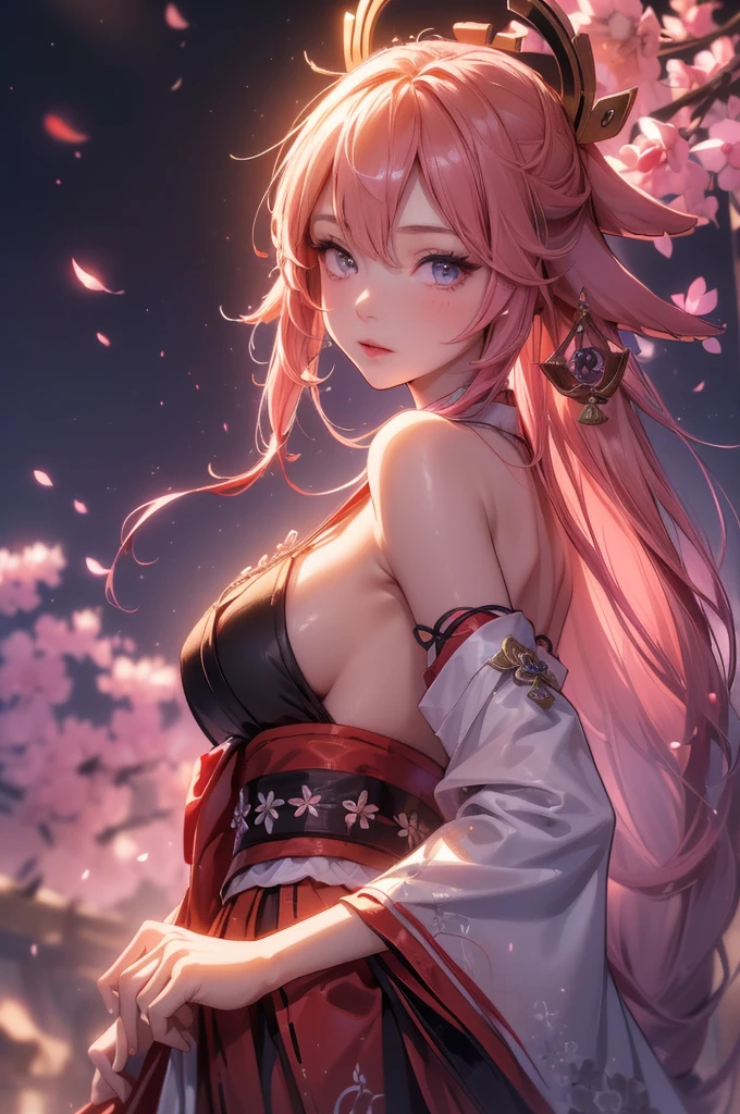 ((yaemikodef)):1.5, ((masterpiece,Highest quality,Highly detailed images,Beautiful images、Dutch Angle)), (In front of the cherry tree、Close-up image of yaemiko、Overall dim lighting、Backlight、Strong backlighting、Fantastic dark atmosphere、Thick Fog、Dust flutters),(Dynamic pose)1.2, sideboob
