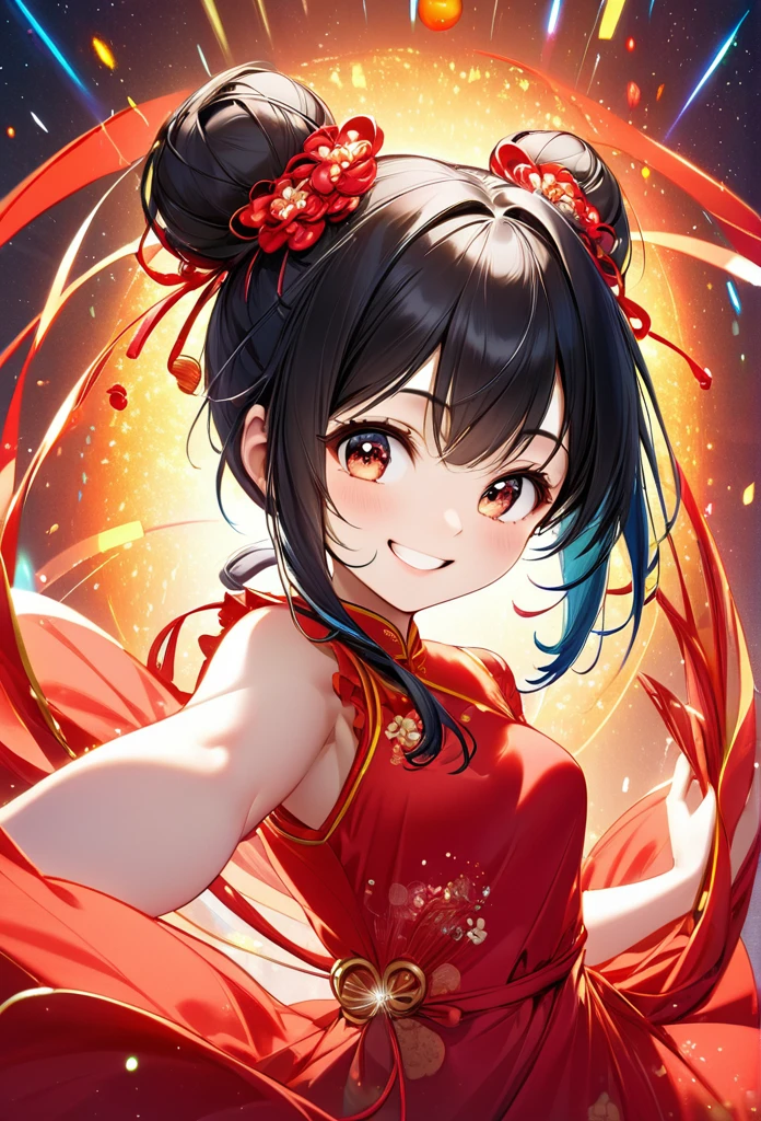 Highest quality, Incredibly absurd, Very detailed, 2.5D, delicate and dynamic, Little, pretty girl, Red Chinese Dress, Sparkling and vibrant color effects, Background Another Dimension,smile,A big smile,Bright expression,Black Hair,Tying a bun,8K,high resolution,High resolution,