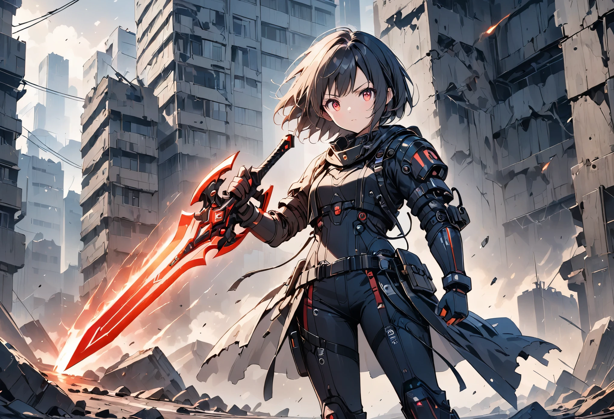 (anime style:1.4),超High resolution, Attention to detail, high quality, High resolution, 最high quality, 4K, 8K,A young female warrior in a high-tech black powered exosuit with glowing red LED accents, standing on rubble in a post-apocalyptic setting, photorealistic anime style, short black bob hairstyle, glowing red eyes, In his right hand he holds a sword connected to his suit.,Bring your weapon-holding right hand behind your back,((Charge the sword,Dazzling Sword)),((An electric aura emanates around the girl.)), ((wearing a tattered, billowing robe that is heavily damaged and frayed)), confident and fierce expression,cute
