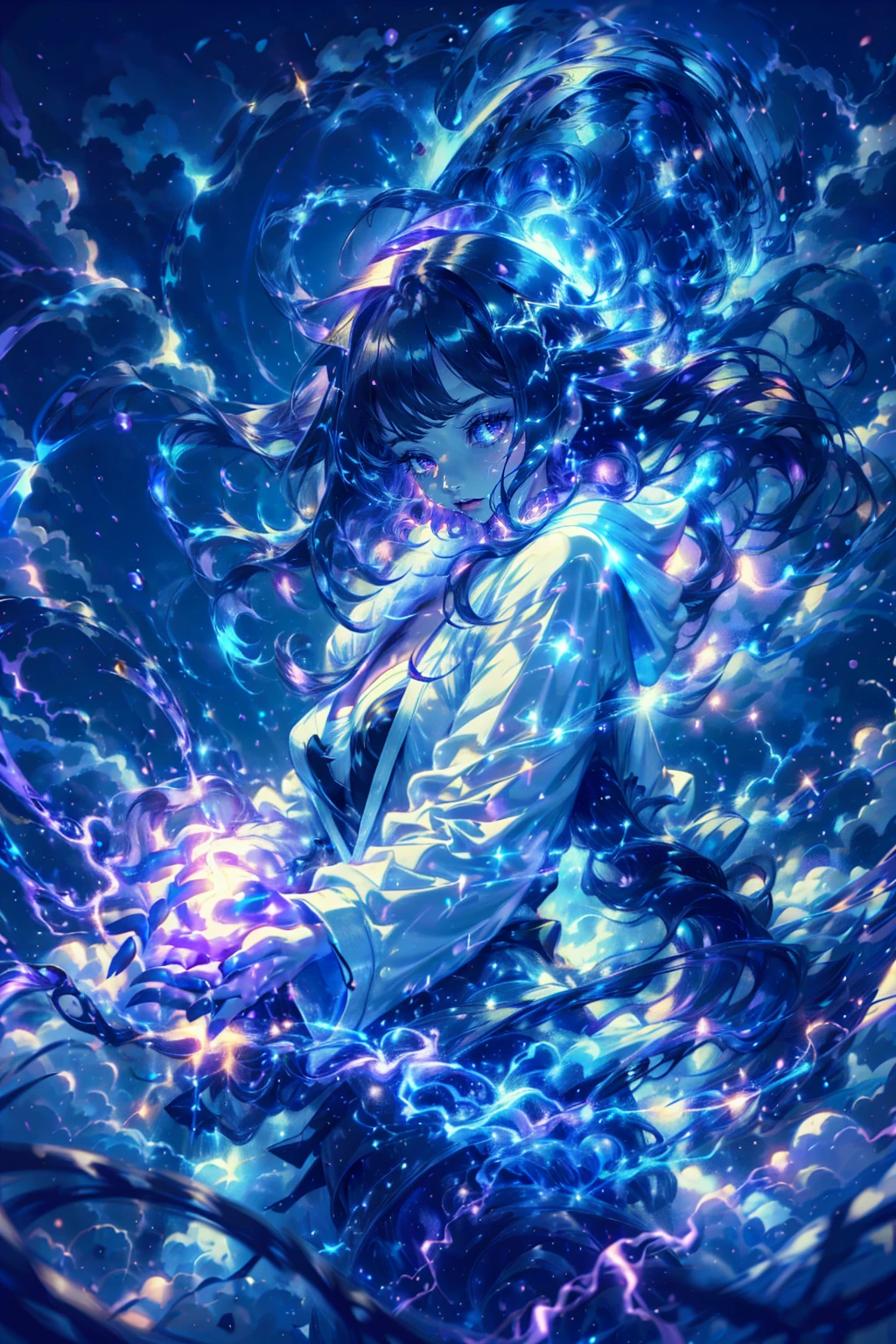 1girl,solo,cute,wizard,white robe,cleavage,hold a thunderball,thunderball on each hands,around thunder aura,perfect hands,perfect finger,thundermagic,glowing aura,yellow and purple, lightning