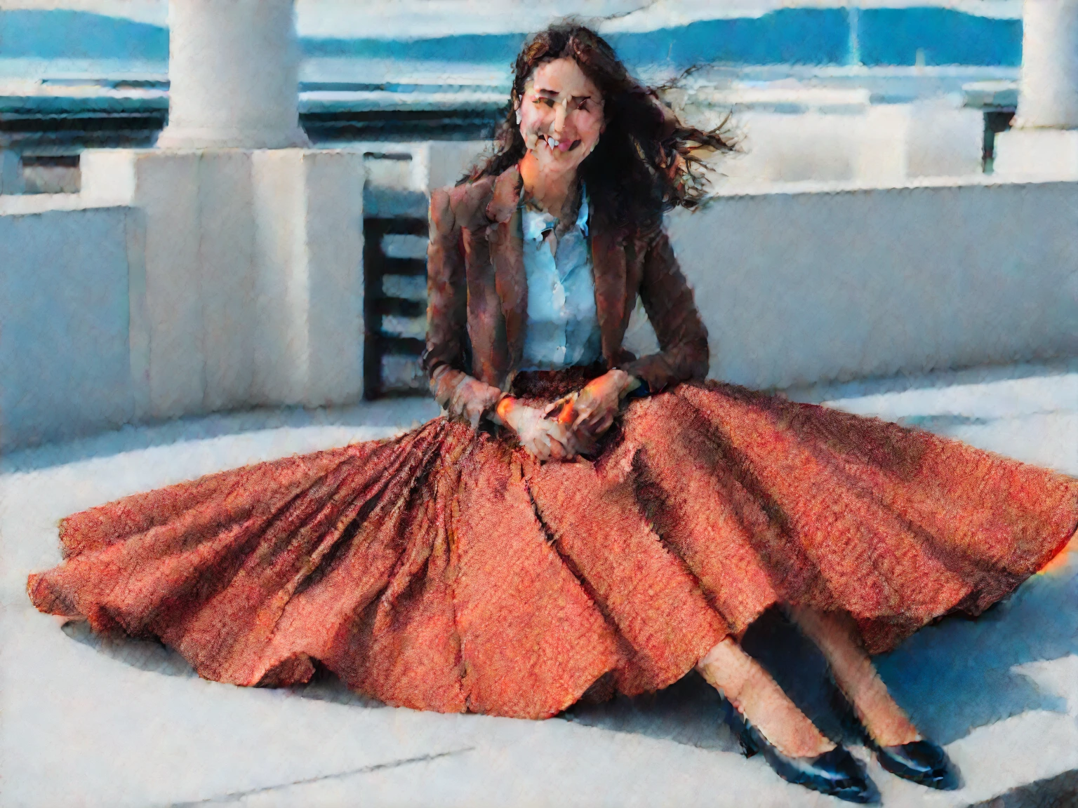 Insatiable Skirt lover and kind, shy woman Samantha Cameron has Intense Orgasming love for her skirt, sitting and wearing (long pleated full circle skirt), uniform jacket and strapless low pump office shoes, (pronounced (feminine) features), (very windy), skirt is flowing wildly in the wind, inside a spaceship travelling through deep space, very, very intricate hyper-detailed symmetric (attractive graceful young feminine face) with (sad, tired eyes and a loving smile), very voluptuous breasts, full of empathy and compassion and love, (pronounced (feminine) features), (highly detailed ultra accurate realistic) hands and fingers, (windy), epic composition, highly detailed attributes, (35mm f1.4 Kodak portra 400 photograph), extremely high quality RAW photograph, highly detailed atmosphere, sci-fi, cinematic shot, dynamic lighting, 75mm, Technicolor, Panavision, cinemascope, sharp focus, fine details, 8k, HDR, realism, realistic, key visual, film still, superb cinematic color grading, depth of field