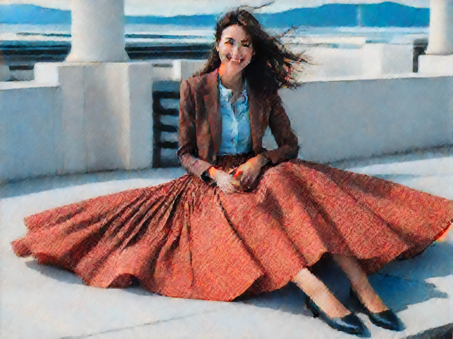 Insatiable Skirt lover and kind, shy woman Samantha Cameron has Intense Orgasming love for her skirt, sitting and wearing (long pleated full circle skirt), uniform jacket and strapless low pump office shoes, (pronounced (feminine) features), (very windy), skirt is flowing wildly in the wind, inside a spaceship travelling through deep space, very, very intricate hyper-detailed symmetric (attractive graceful young feminine face) with (sad, tired eyes and a loving smile), very voluptuous breasts, full of empathy and compassion and love, (pronounced (feminine) features), (highly detailed ultra accurate realistic) hands and fingers, (windy), epic composition, highly detailed attributes, (35mm f1.4 Kodak portra 400 photograph), extremely high quality RAW photograph, highly detailed atmosphere, sci-fi, cinematic shot, dynamic lighting, 75mm, Technicolor, Panavision, cinemascope, sharp focus, fine details, 8k, HDR, realism, realistic, key visual, film still, superb cinematic color grading, depth of field