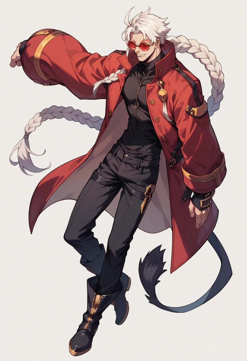 Blazblue ,human Male ,Round red Sunglasses , white hair,long braided ,zip Red Coat , Black shirt ,Full body ,boots , Black Pants