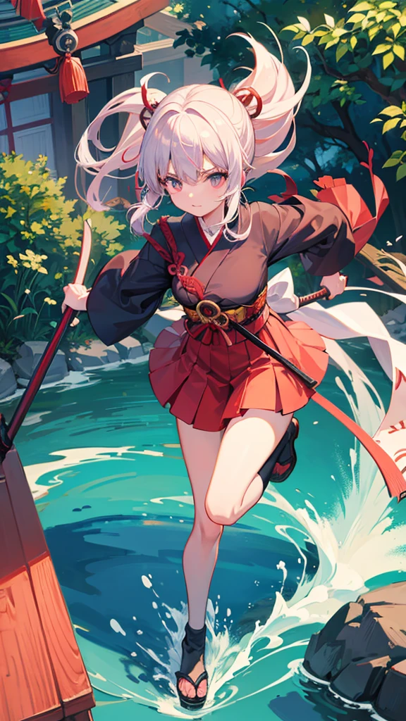Shrine maiden and ninja duo Japanese shrine sword and broom