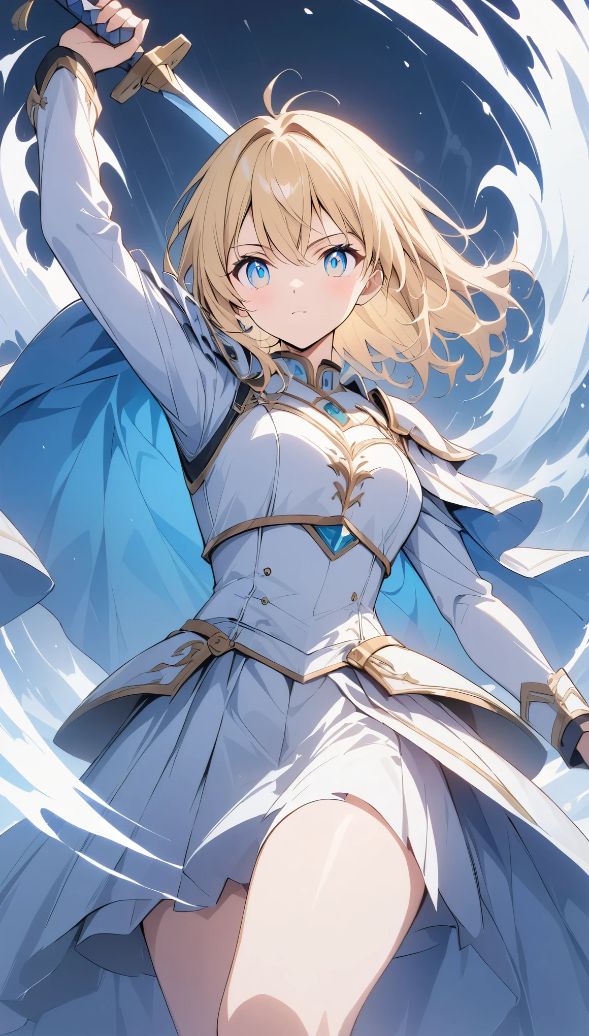 (anime style:1.4),超High resolution, Attention to detail, high quality, High resolution, 最high quality, 4K, 8K,Poster、artwork、female knight、White armor with blue lines、Blonde、Aquamarine Eyes、Swing the one-handed sword in your right hand back、Deathblow、Charge one-handed sword、A pale blue aura surrounds the body.