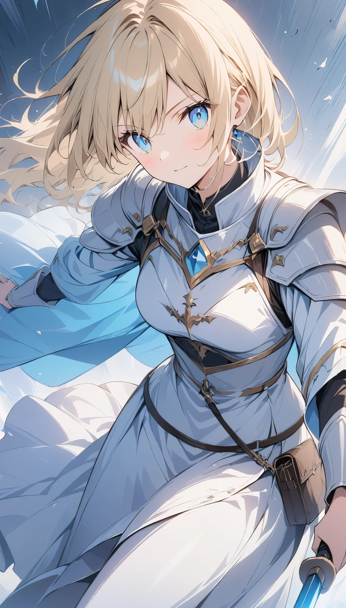 (anime style:1.4),超High resolution, Attention to detail, high quality, High resolution, 最high quality, 4K, 8K,Poster、artwork、female knight、White armor with blue lines、Blonde、Aquamarine Eyes、Swing the one-handed sword in your right hand back、Deathblow、Charge one-handed sword、A pale blue aura surrounds the body.