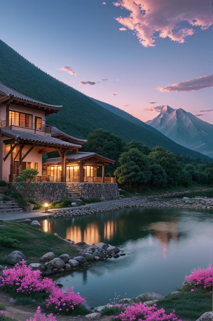 A view of a land near a beautiful mountain on the land a beautiful house there near the house a pink river there and the boy set near the river in night in anime style
