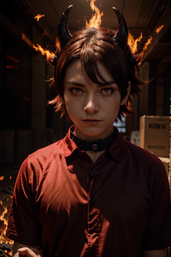 Anime-style character with red, glowing eyes, wearing a dark shirt with collar open, and sporting red demonic horns on his head. The character has short, dark hair and is surrounded by flames and ethereal wings. The background is a mix of soft light and ethereal elements.