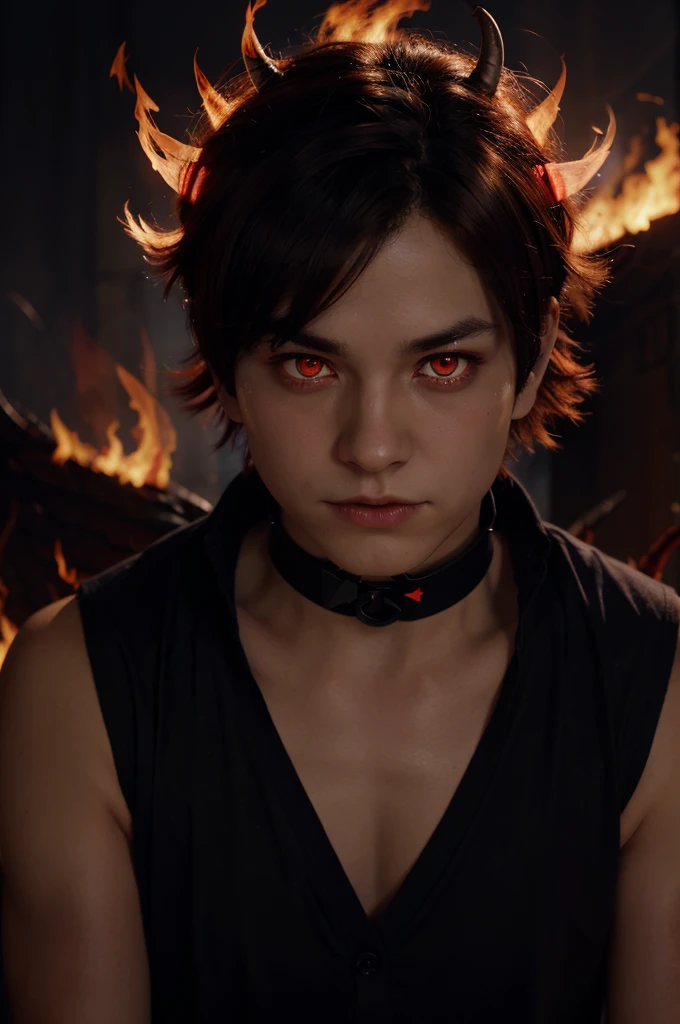Anime-style character with red, glowing eyes, wearing a dark shirt with collar open, and sporting red demonic horns on his head. The character has short, dark hair and is surrounded by flames and ethereal wings. The background is a mix of soft light and ethereal elements.