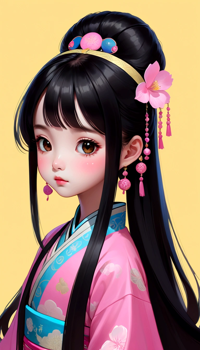 a gongbi painting of a 5 years old black long hair Chinese Qing Dynasty girl wears pink hanfu, tangled jewelry, round face, extremely minimalism portrait, geometric shapes, matte light yellow background, in the style of crisp neo-pop illustrations, animated gifs, dolly kei, cartoon-like characters, close-up, head view, bold, cartoonish lithographs