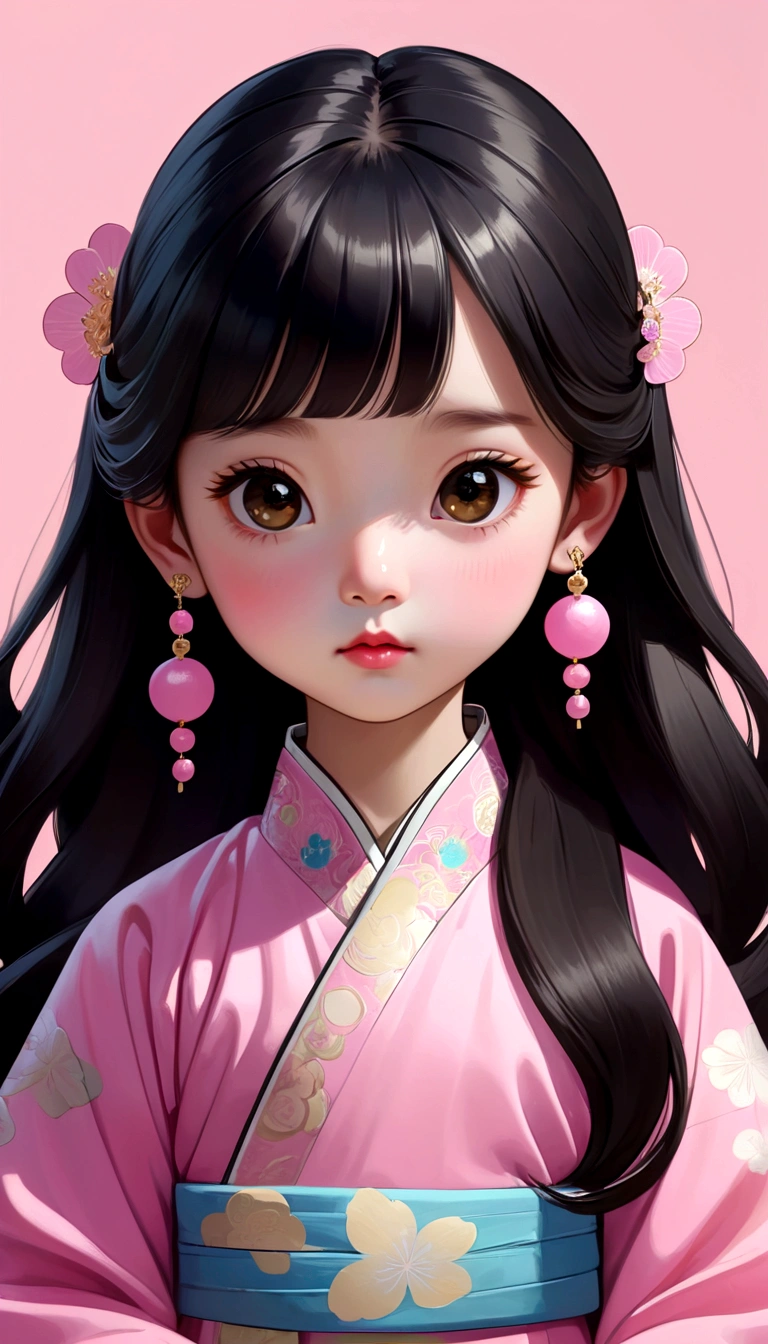 a gongbi painting of a black long hair Chinese Qing Dynasty girl wears pink hanfu, tangled jewelry, round face, extremely minimalism portrait, geometric shapes, matte light yellow background, in the style of crisp neo-pop illustrations, animated gifs, dolly kei, cartoon-like characters, close-up, head view, bold, cartoonish lithographs