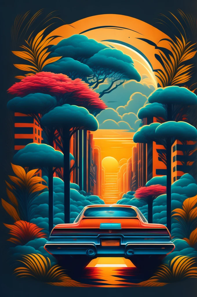 "tigre, lush urban landscape, stylized t-shirt design, middle of the journey, vibrant vector art, hidro74"