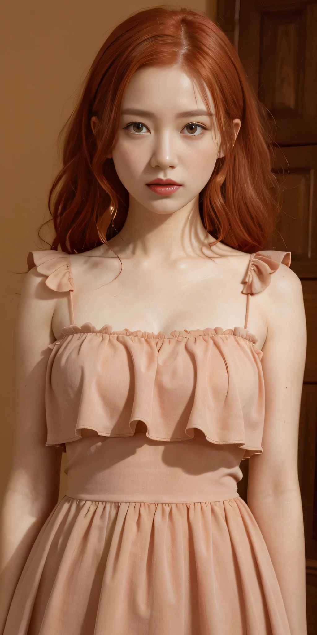 (embarrassed), red hair, orange hair, WeriArt Style, 1girl, blush, upper body, highly detailed eyes, hires, collarbone, frilled dress, open mouth