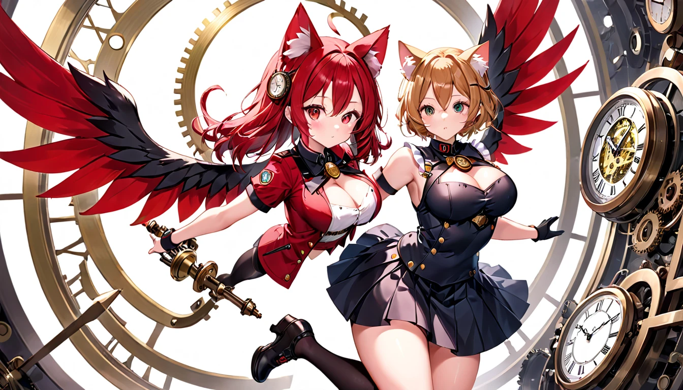 A large-chested cat-eared girl with mesmerizing eyes, in a black and red uniform-like outfit with a skirt, featuring mechanical wings and a time-traveling clock.
