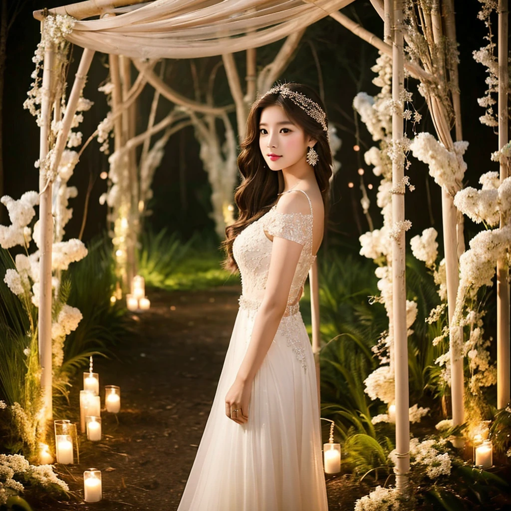 Generate an image of an extraordinarily beautiful 20-year-old Asian woman standing alone, whose beauty rivals that of a goddess of the fire element. She has large brown eyes, dark brown hair, glowing skin, and a captivating appearance. She is wearing a stunning white wedding dress that accentuates her elegance. The woman stands charmingly alone, her beauty appearing as if blessed by nature, in a very romantic and lovely aisle adorned with flowers and soft lighting, exuding a magical and serene atmosphere.