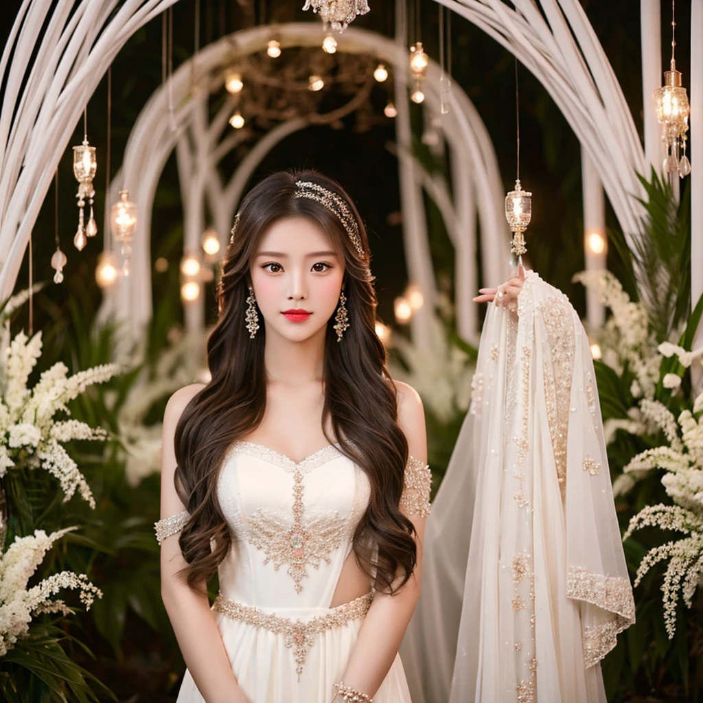 Generate an image of an extraordinarily beautiful 20-year-old Asian woman standing alone, whose beauty rivals that of a goddess of the fire element. She has large brown eyes, dark brown hair, glowing skin, and a captivating appearance. She is wearing a stunning white wedding dress that accentuates her elegance. The woman stands charmingly alone, her beauty appearing as if blessed by nature, in a very romantic and lovely aisle adorned with flowers and soft lighting, exuding a magical and serene atmosphere.