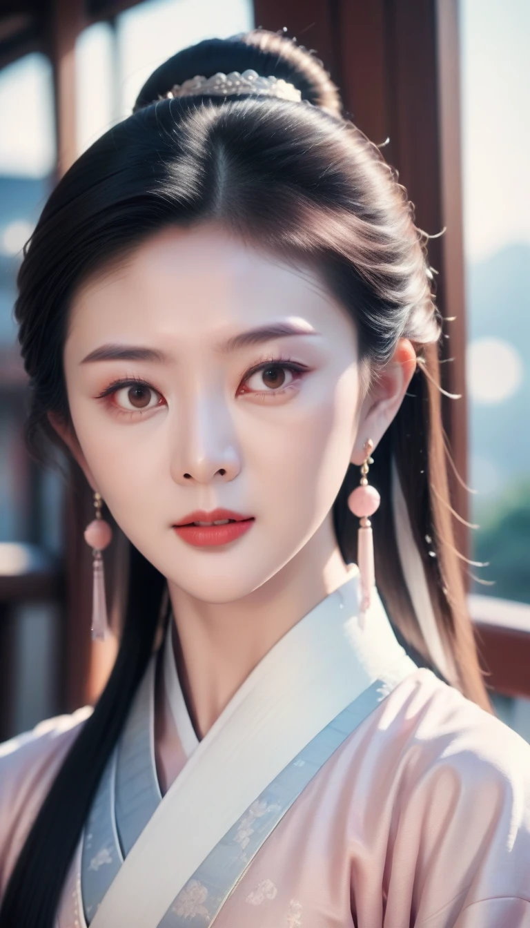 ultra detailed skin,ultra detailed face,actress portrait,hanfu,tang style,gzl,scenery of hong kong city,silver earrings,blush,(),20yo, gzl,