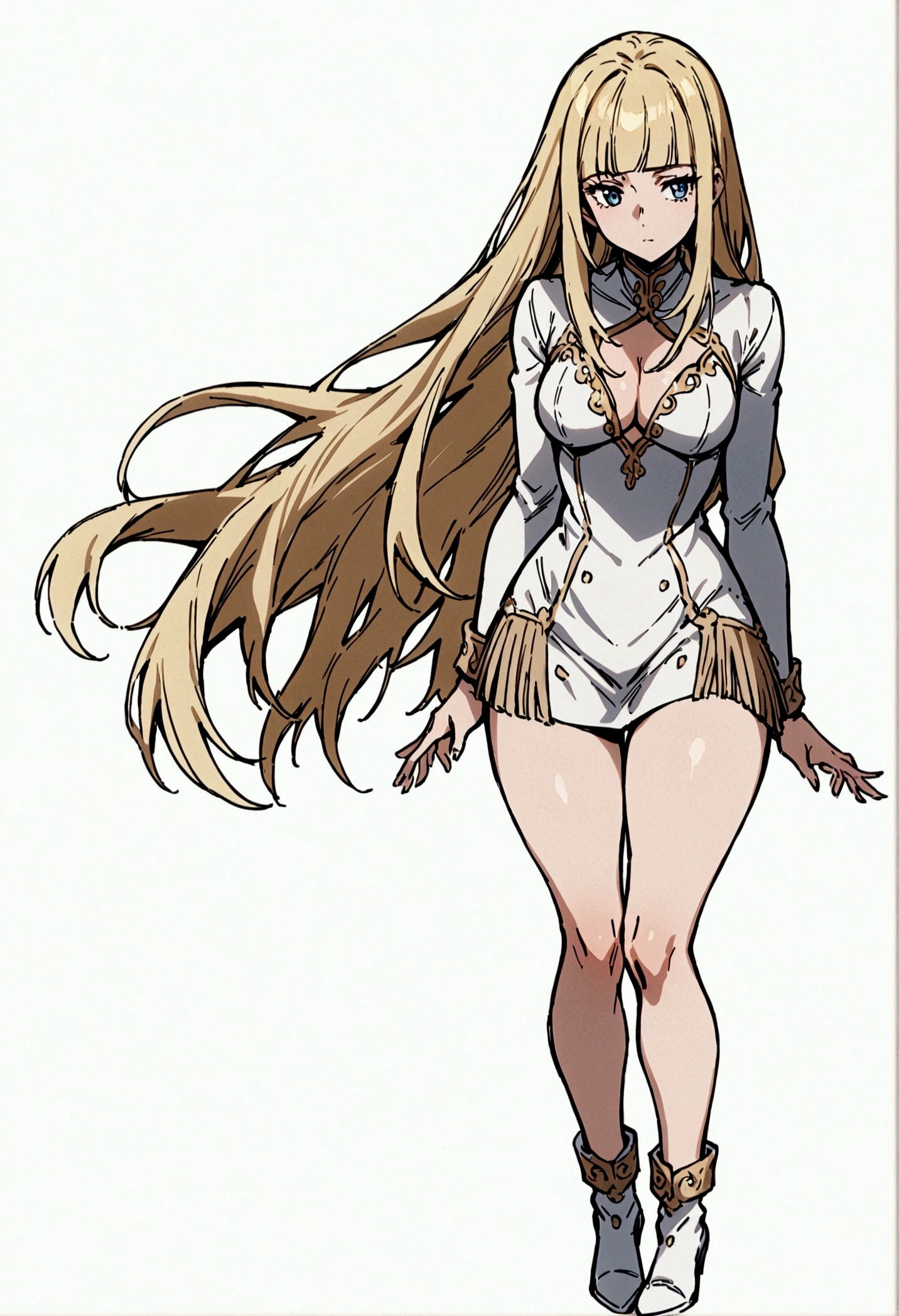 fullbody,masterpiece,standing,adult,1girl,solo,white background,standing straight, curls,blonde long hair,fringe bangs,white boots,light blue short dress,