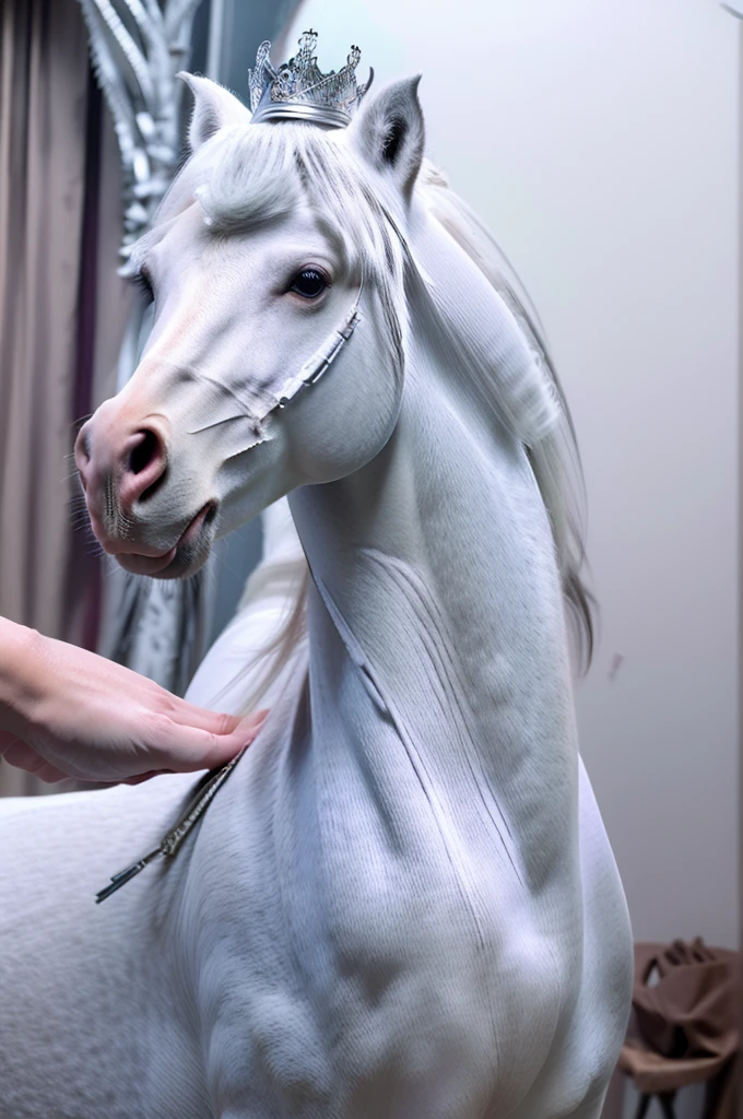 create a 4k image, realidade extrema, of a white horse, THE HORSE IS THE MAIN IMAGE OF THE PICTURE, with a knight seated upon him with a bow in his hand and a crown on his head, the knight is dressed in white clothes and appears peaceful on his face, in an apocalypse scenario, Bright, realistic images
