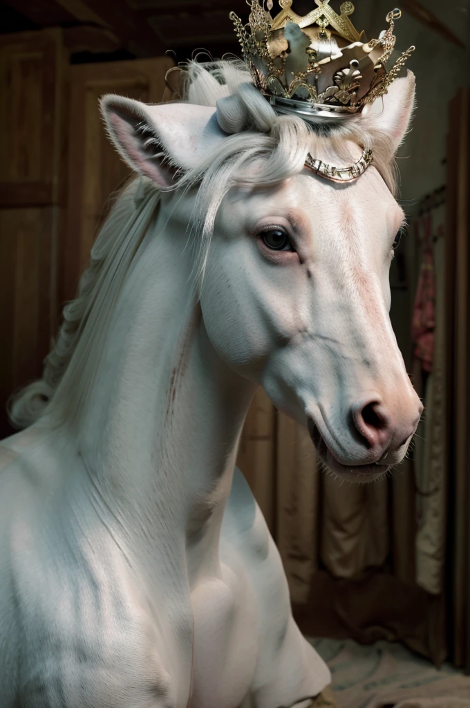 create a 4k image, realidade extrema, of a white horse, THE HORSE IS THE MAIN IMAGE OF THE PICTURE, with a knight seated upon him with a bow in his hand and a crown on his head, the knight is dressed in white clothes and appears peaceful on his face, in an apocalypse scenario, Bright, realistic images