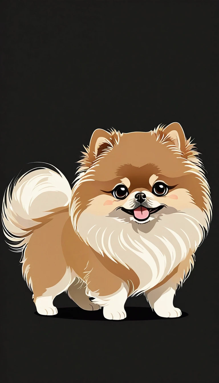 A simple dog drawing drawn with white lines on a black background.。dog is pomeranian、The hair is cut short and the face is rounded.、Round faceとBig eyes、Small Noseが特徴的です。The ears are erect、The whole figure is depicted with fluffy short hair.。 Dog breed: Pomeranian-style characteristics: Round face、Big eyes、Small Nose、Protruding ears Background: Black Line Color: White Drawing Style: Simple line drawing