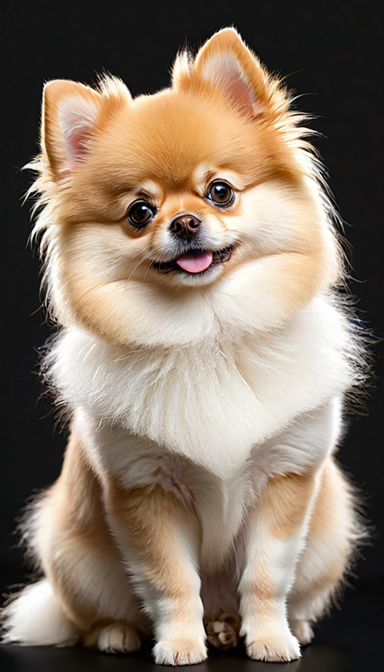 A simple dog drawing drawn with white lines on a black background.。dog is pomeranian、The hair is cut short and the face is rounded.、Round faceとBig eyes、Small Noseが特徴的です。The ears are erect、The whole figure is depicted with fluffy short hair.。 Dog breed: Pomeranian-style characteristics: Round face、Big eyes、Small Nose、Protruding ears Background: Black Line Color: White Drawing Style: Simple line drawing