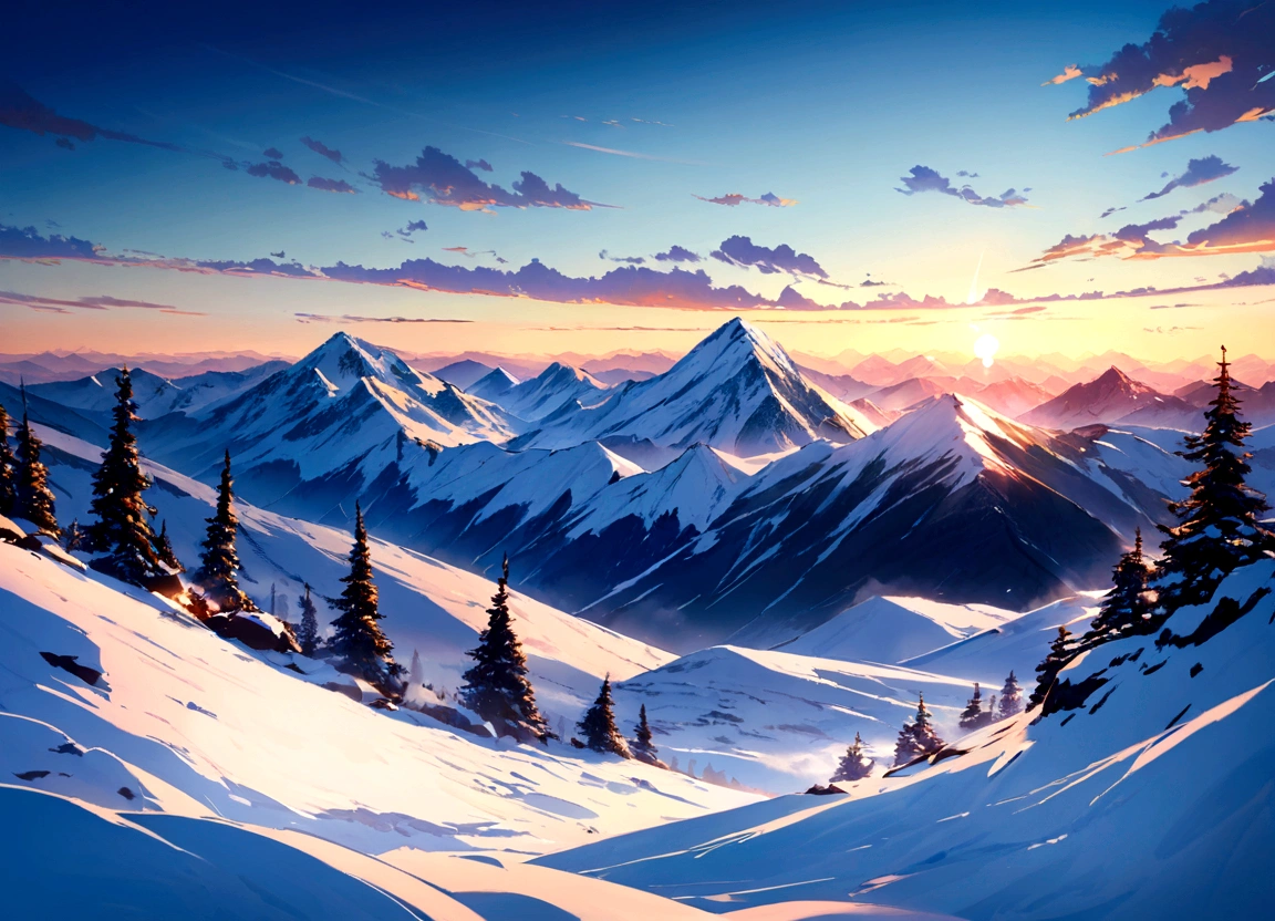 Photo quality、Snow Mountain、Sunset、Great view、mountains、Genuine、detailed、color、High resolution、超detailed