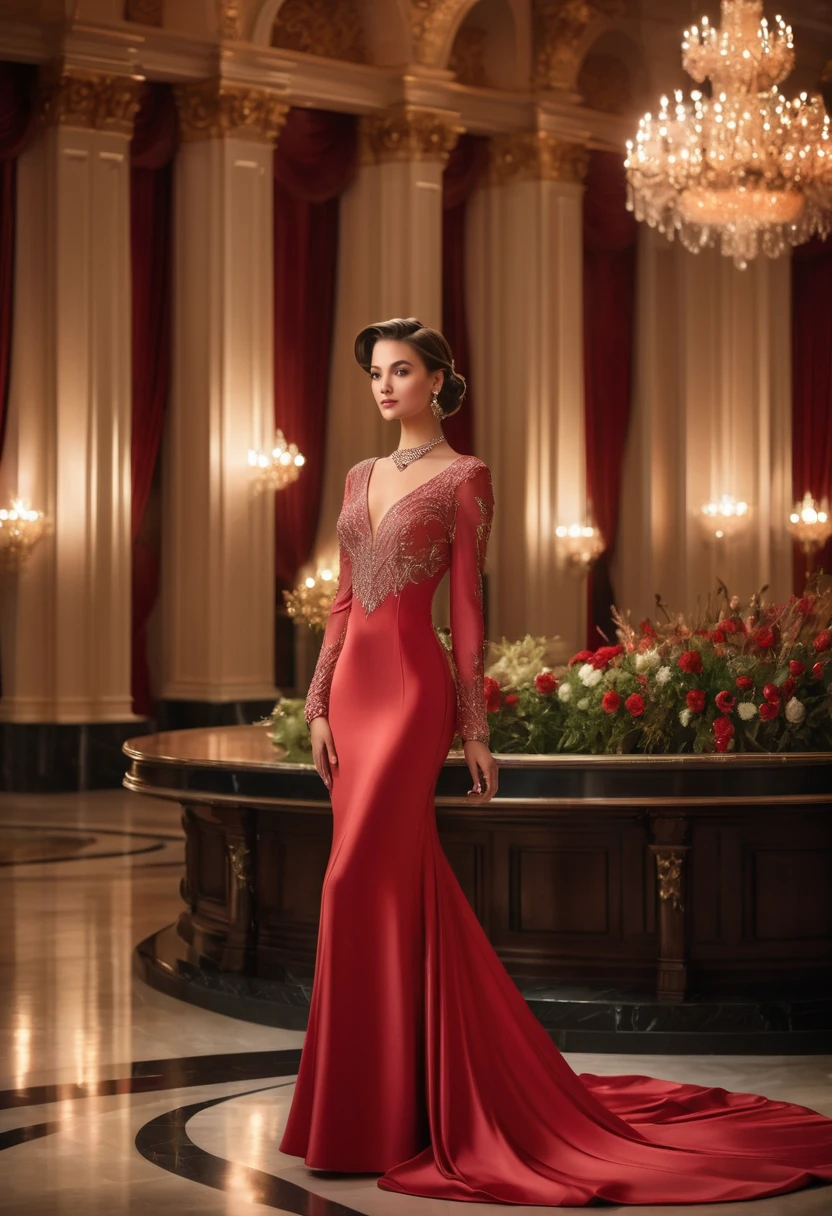 Full length ,"A young woman in an elegant, long-sleeve light red evening gown attending a formal event. She is wearing a uniquely designed and beautiful dress, complemented by luxurious jewelry and accessories. The background features a grand and lavish hall with warm, inviting lighting, showcasing a scene of splendor and beauty."