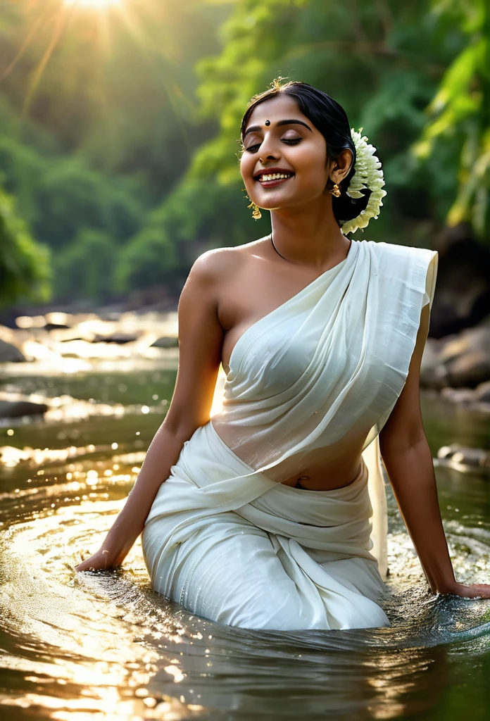 Photorealistic Image of Beautiful half naked Indian woman wearing a white saree, taking bath in river Photorealistic image of a beautiful Indian woman with sun-kissed skin and long, black hair tied in a loose bun. She wears a simple yet elegant cotton white saree. The woman stands knee-deep in the clear, flowing water of a river, gently scooping water with a brass pot and pouring it over her head. Her eyes are closed in serenity, and a peaceful smile rests on her lips. Background: Lush green hills bordering the river, with the rising sun casting a warm glow on the scene. Camera: Medium shot, 50mm lens, slightly off-center view. Render: High resolution, detailed, natural light, soft focus on background. Big , thick, georgeous, hot