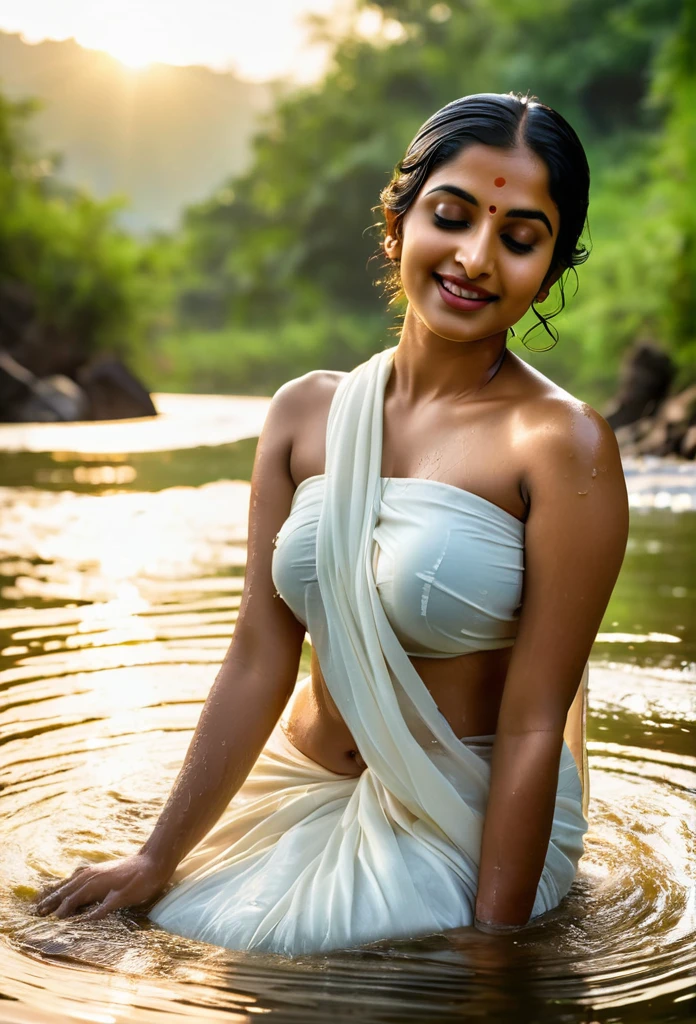 Photorealistic Image of Beautiful half naked Indian woman wearing a white saree, taking bath in river Photorealistic image of a beautiful Indian woman with sun-kissed skin and long, black hair tied in a loose bun. She wears a simple yet elegant cotton white saree. The woman stands knee-deep in the clear, flowing water of a river, gently scooping water with a brass pot and pouring it over her head. Her eyes are closed in serenity, and a peaceful smile rests on her lips. Background: Lush green hills bordering the river, with the rising sun casting a warm glow on the scene. Camera: Medium shot, 50mm lens, slightly off-center view. Render: High resolution, detailed, natural light, soft focus on background. Big , thick, georgeous, hot