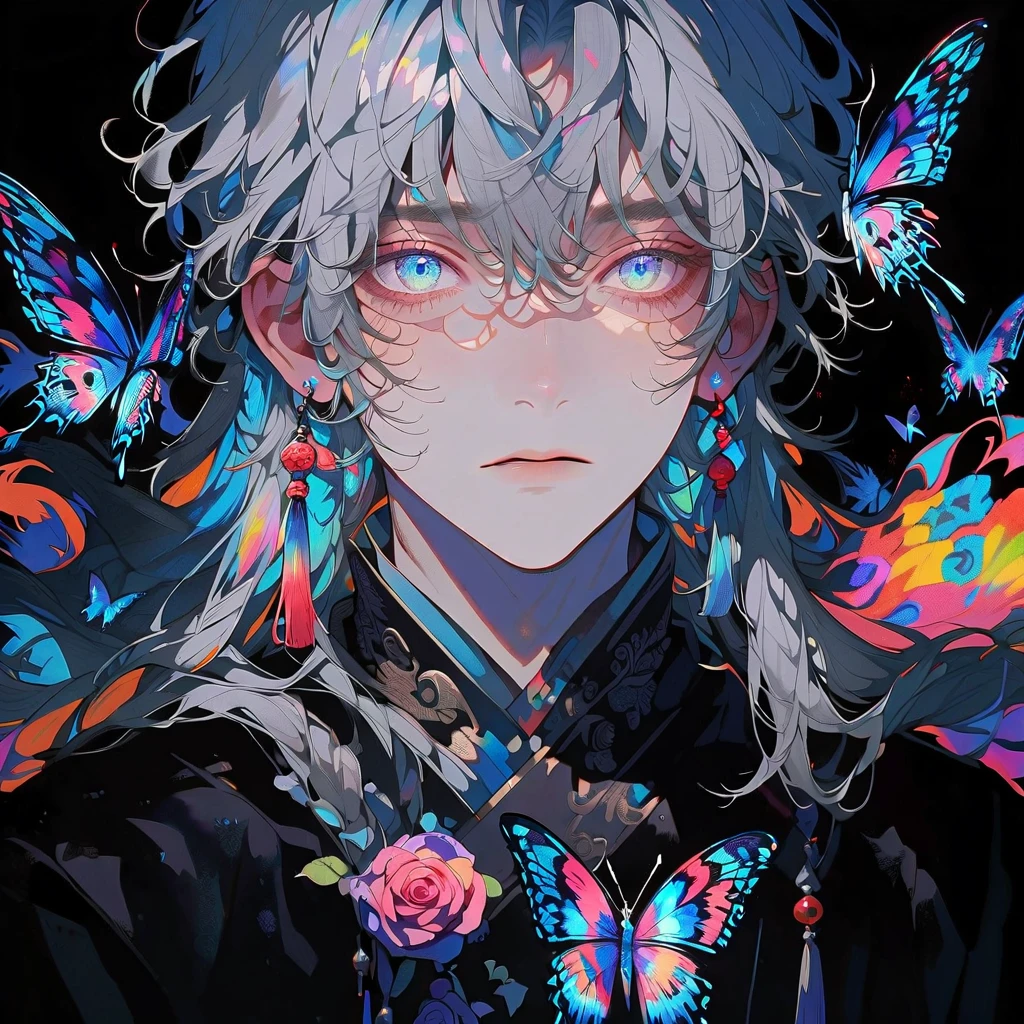 masterpiece, Male Focus, 1 boy, Lonely, Gray Hair, Tassel Earrings, Tassel, jewelry, Earrings, Black background, blue eyes, Long Hair, crystallization, butterfly, Upper Body, Colorful Hair,Pearlescent Rose,personal,The eyes are very detailed