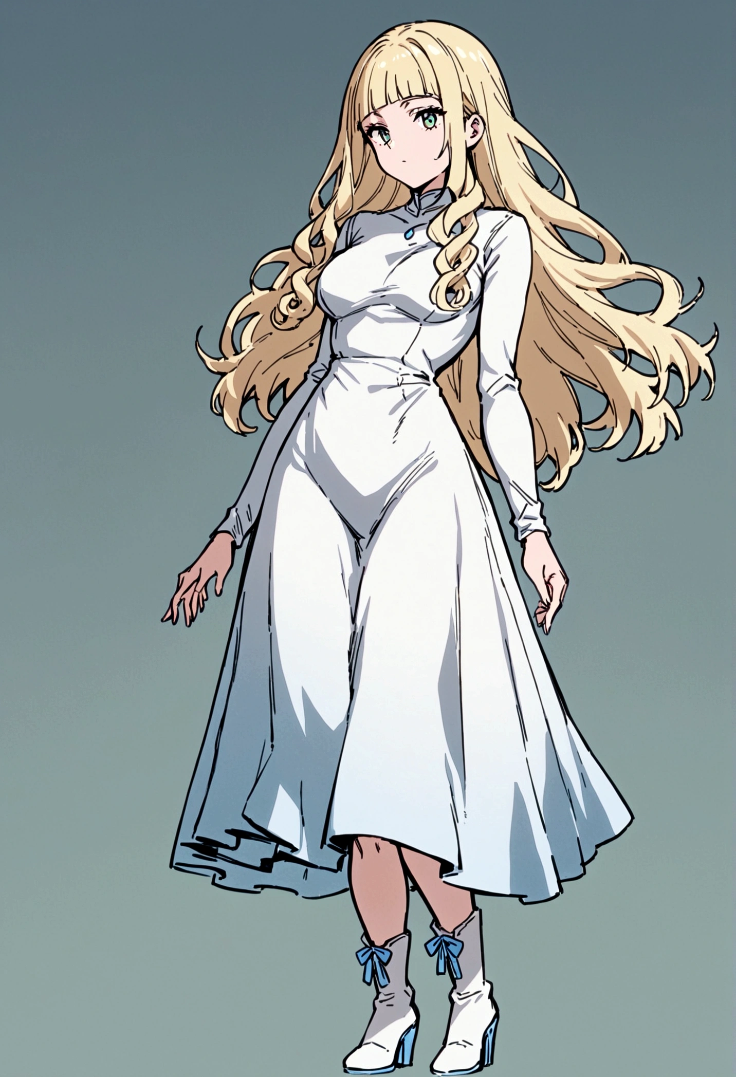 fullbody,masterpiece,standing,adult,1girl,solo,white background,standing straight, curls,blonde long hair,fringe bangs,white boots,light blue knee length dress,