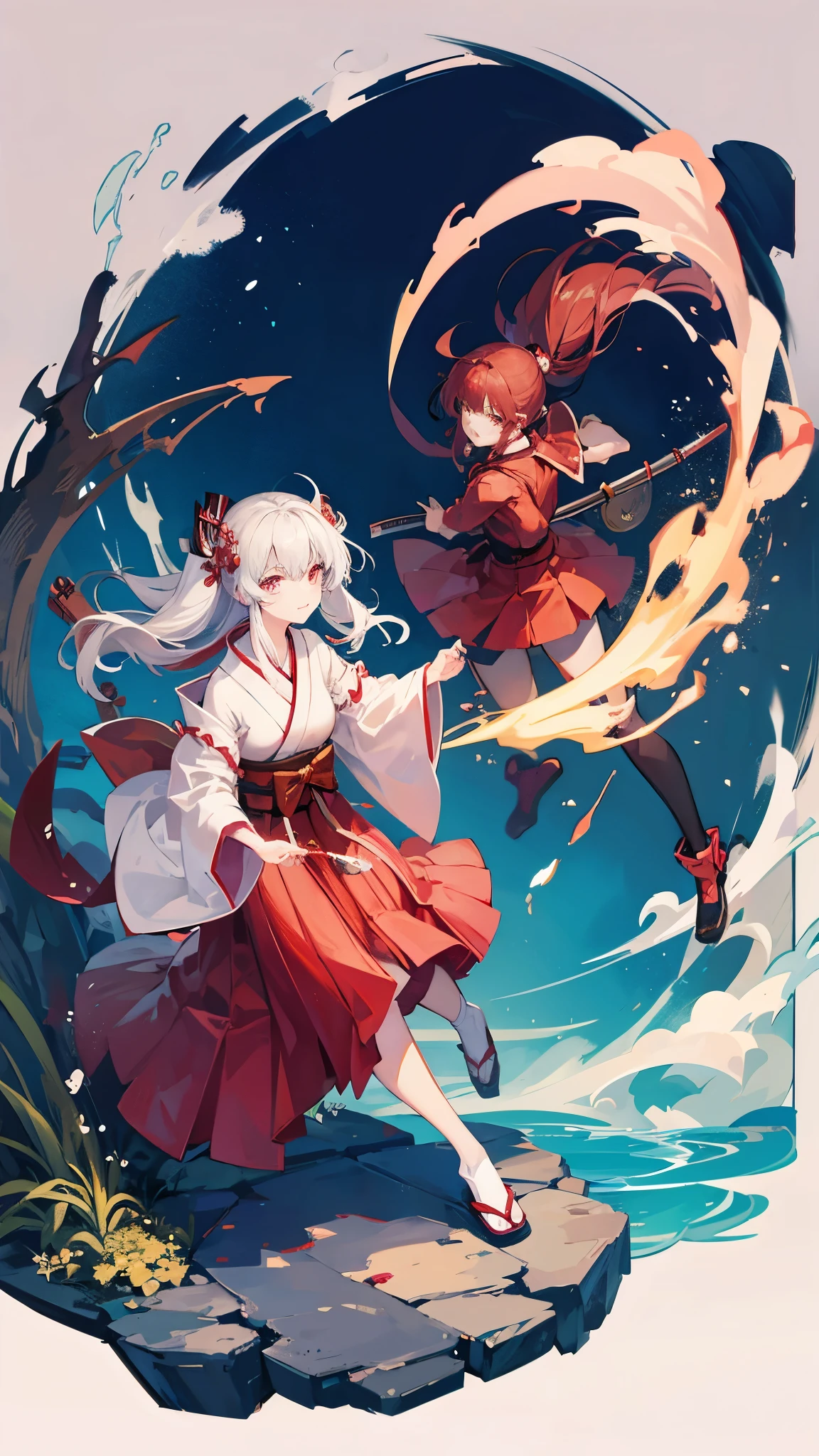 Shrine maiden and ninja duo Japanese shrine sword and broom