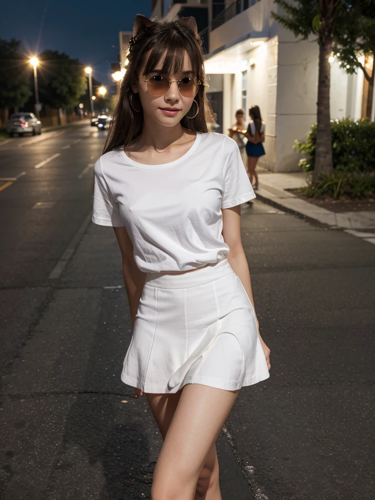a beautifull 15 years old girl, skinny body, slim body, white skin, masterpiece, textured skin, super detail, high details, high quality, 8k, nice pose, road night background, side lighting to face, dress, wearing a sun glasses at night, wearing a white shoes, bangs hair style, wearing a white shoes,
wearing a shirt, small skirt, wearing a ears rings, little smlie, night time.