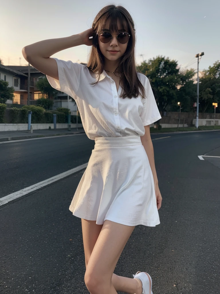 a beautifull  girl, skinny body, slim body, white skin, masterpiece, textured skin, super detail, high details, high quality, 8k, nice pose, road night background, side lighting to face, dress, wearing a sun glasses at night, wearing a white shoes, bangs hair style, wearing a white shoes,
wearing a shirt, small skirt, wearing a ears rings, little smlie, night time.