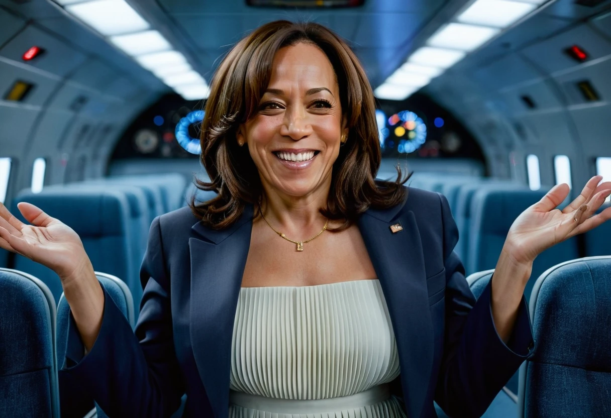 Insatiable Skirt lover and kind, shy woman Kamala Harris has Intense Orgasming love for her skirt, sitting and wearing (long pleated full circle skirt), uniform jacket and strapless low pump office shoes, (pronounced (feminine) features), (very windy), skirt is flowing wildly in the wind, inside a spaceship travelling through deep space, very, very intricate hyper-detailed symmetric (attractive graceful young feminine face) with (sad, tired eyes and a loving smile), very voluptuous breasts, full of empathy and compassion and love, (pronounced (feminine) features), (highly detailed ultra accurate realistic) hands and fingers, (windy), epic composition, highly detailed attributes, (35mm f1.4 Kodak portra 400 photograph), extremely high quality RAW photograph, highly detailed atmosphere, sci-fi, cinematic shot, dynamic lighting, 75mm, Technicolor, Panavision, cinemascope, sharp focus, fine details, 8k, HDR, realism, realistic, key visual, film still, superb cinematic color grading, depth of field