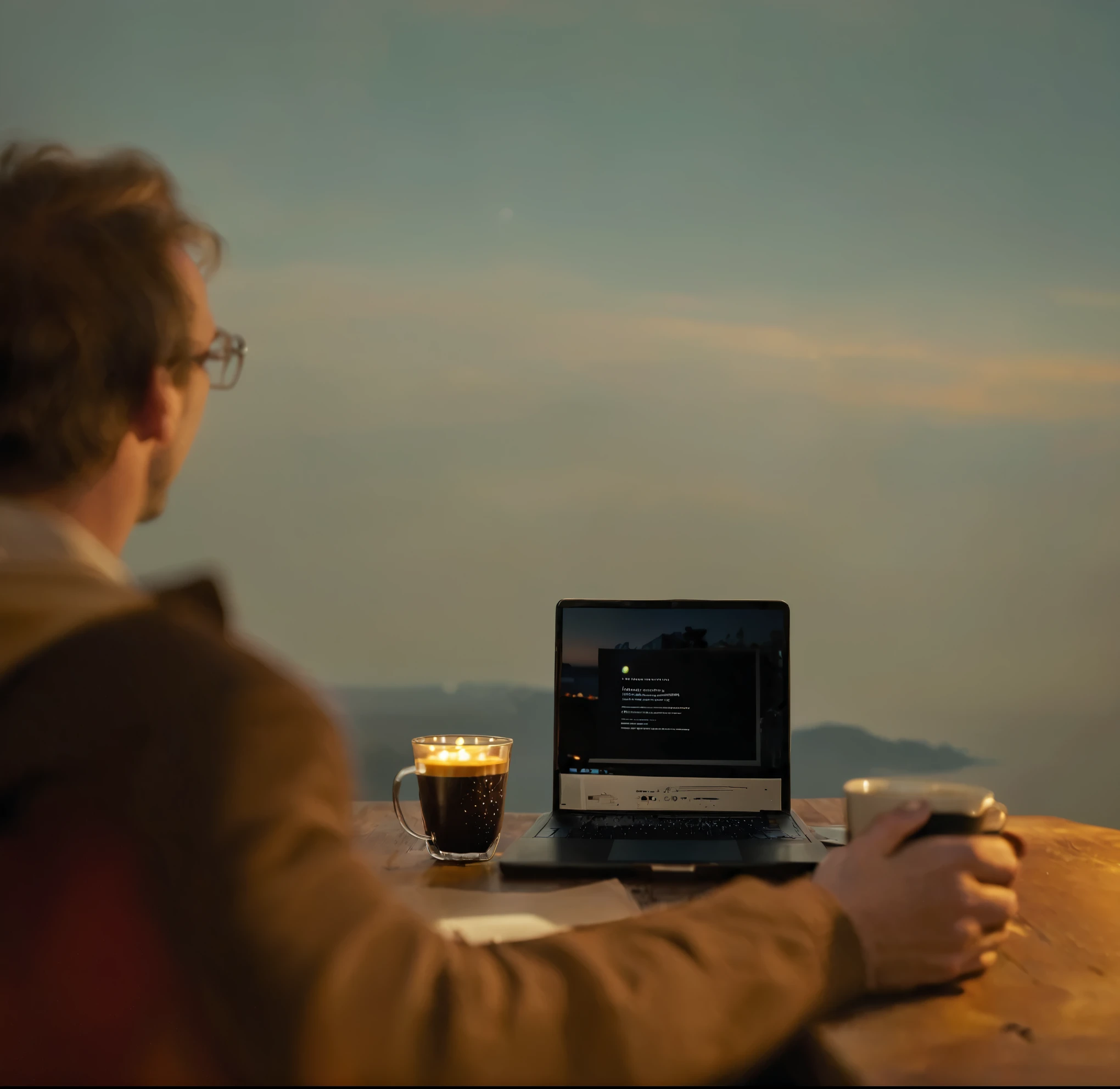 A man sitting at a table,A notebook and a cup of coffee in hands, Bottom Angle, Night settings, Panoramic view, Panorama, High-quality images, Portraits, Equipped with lighting, Hero Shot, A wonderful scene, high-definition, On a dark background, Powerful scenes, Grading with Davinci Resolution, Highly stylized, At sunrise