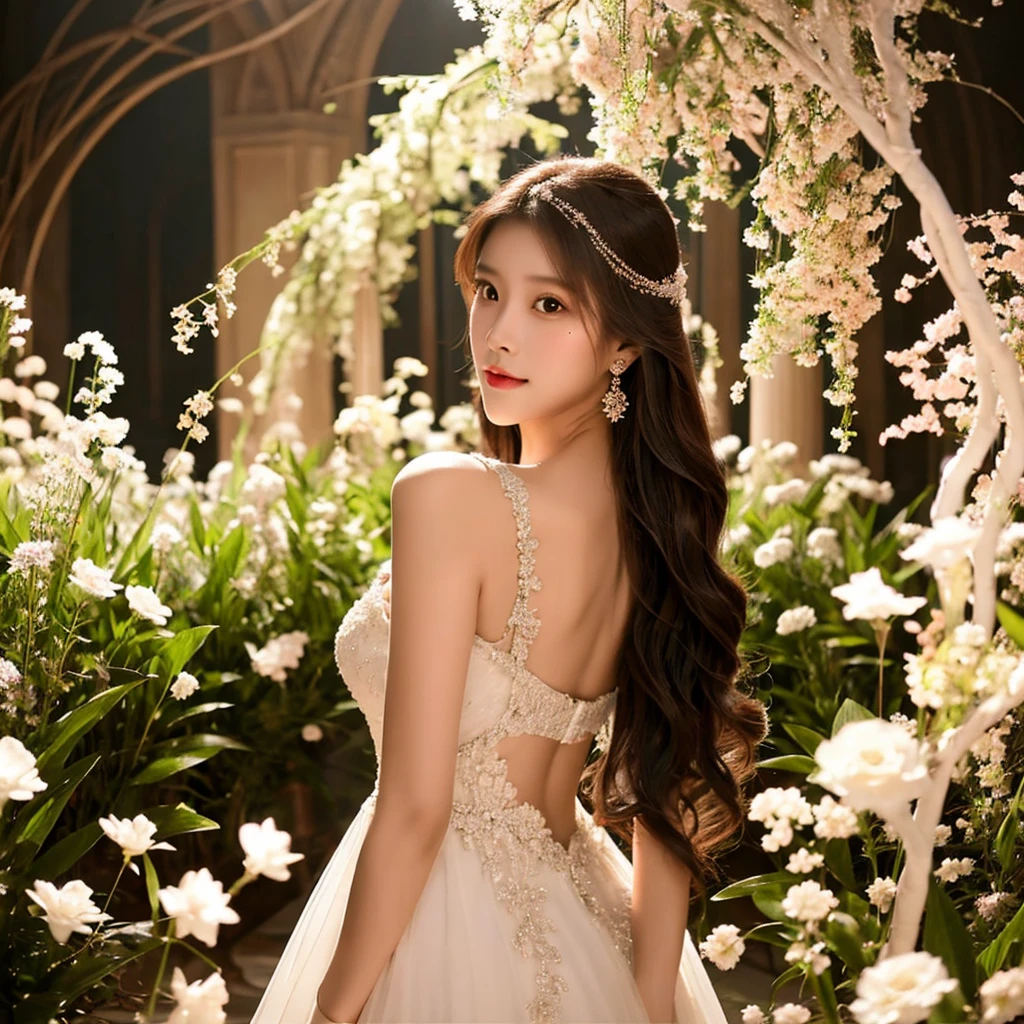 Generate an image of an extraordinarily beautiful 20-year-old Asian woman standing alone, whose beauty rivals that of a goddess of the fire element. She has large brown eyes, dark brown hair, glowing skin, and a captivating appearance. She is wearing a stunning white wedding dress that accentuates her elegance. The woman stands charmingly alone, her beauty appearing as if blessed by nature, in a very romantic and lovely aisle adorned with flowers and soft lighting, exuding a magical and serene atmosphere.