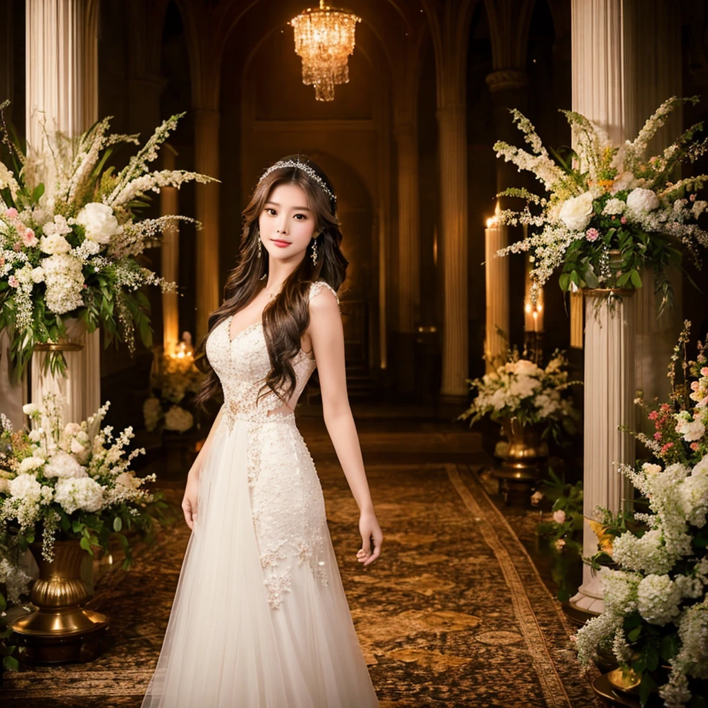 Generate an image of an extraordinarily beautiful 20-year-old Asian woman standing alone, whose beauty rivals that of a goddess of the fire element. She has large brown eyes, dark brown hair, glowing skin, and a captivating appearance. She is wearing a stunning white wedding dress that accentuates her elegance. The woman stands charmingly alone, her beauty appearing as if blessed by nature, in a very romantic and lovely aisle adorned with flowers and soft lighting, exuding a magical and serene atmosphere.