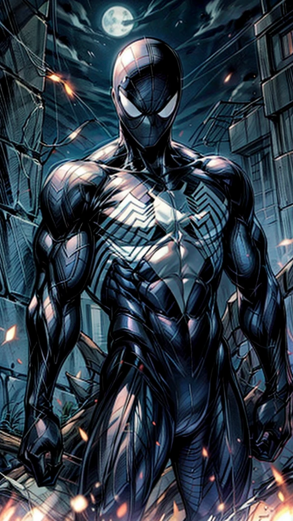 Man, 1boy, defined face, handsome, dressed in black Spiderman costume, muscular body, evil smile, looking at viewer, night
