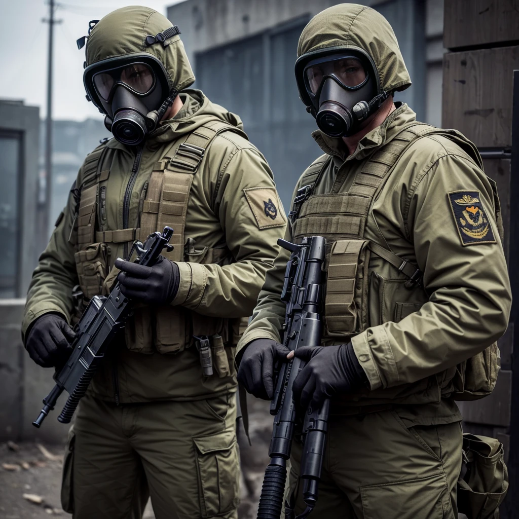 Drawing, stalker, in a gas mask with a machine gun in his hands, in military clothing and equipment, super high quality, Realism