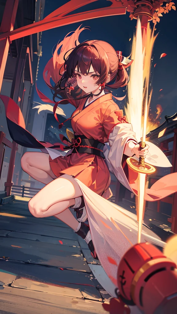 Shrine maiden and ninja duo girl and boy Japanese shrine sword and broom