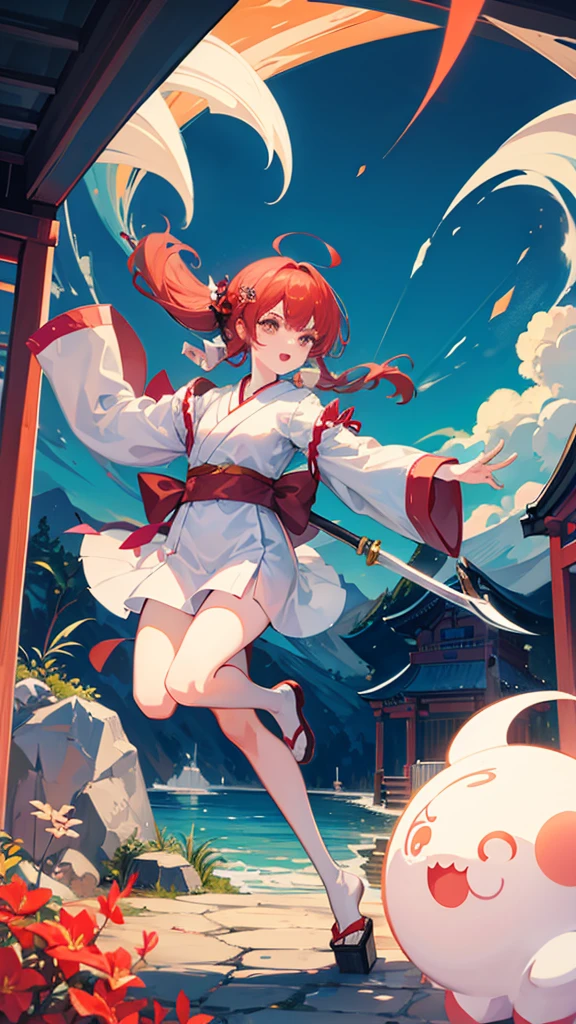 Shrine maiden and ninja duo girl and boy Japanese shrine sword and broom