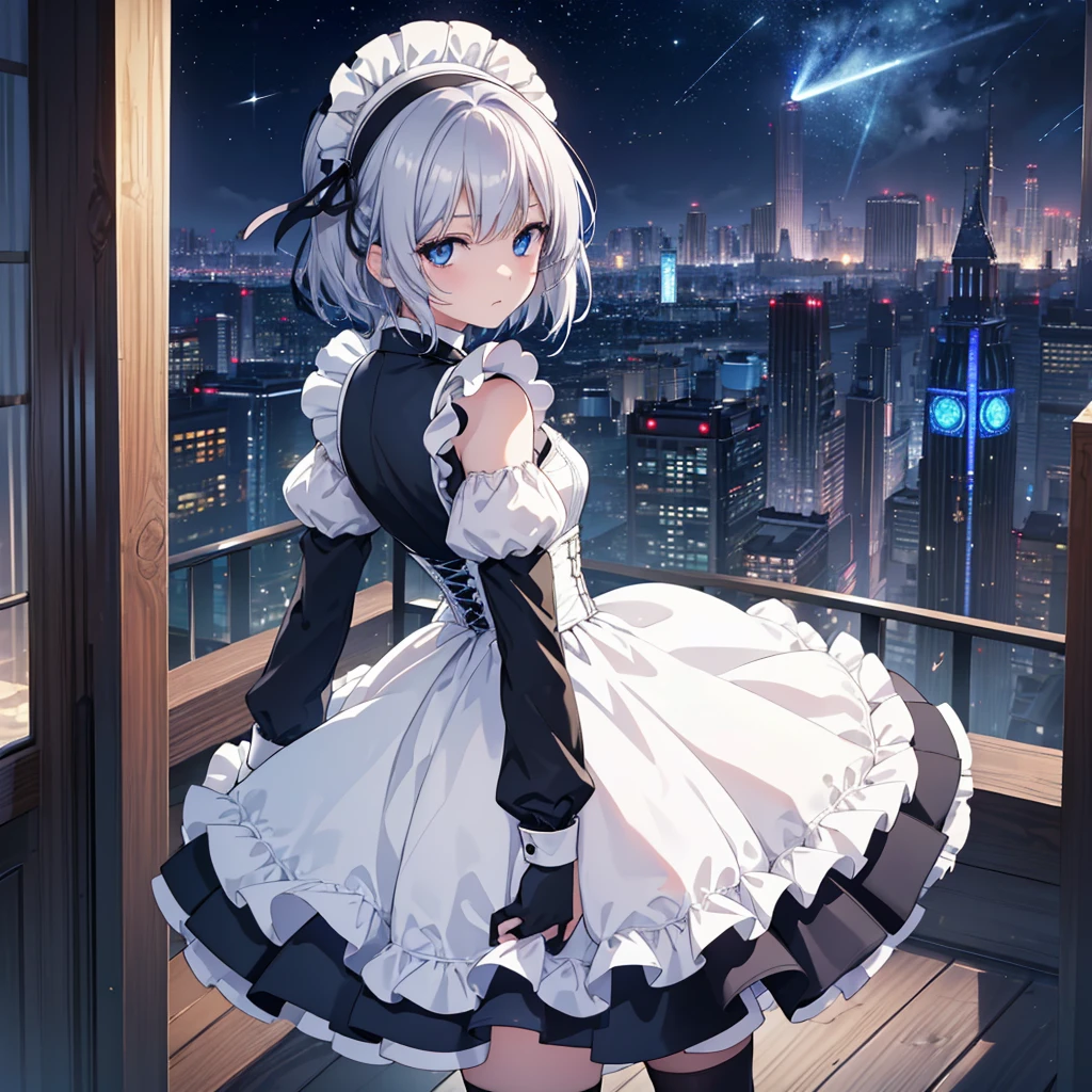 Illustration of one person, Woman Looking Back, Perfect Human Medicine, {{{{{Maid clothes}}}}},Small Tits,Anime Assortment,Cool,cyber punk,{{{{{50 year old woman}}}}} ,{{{{{a person is depicted}}}}},(Official Art、{{{{{Upper Bodyアングル}}}}},Highest quality、Unity 8k wallpaper、32k、masterpiece、Ultra-detailed、Ultra-high resolution, Realistic、Grab your hair with your hands, Photorealistic:1.2)、(Cinema Lighting:1.2)、,Fire Glow Effect、The most grainy shadows on the film、Rim Light、Side light、Side Shot、(Ultra-detailedで複雑な3Dレンダリング)、Very short hair, Short wolf hair,細部までBeautiful Faceと目、Sharp pupils、Realistic生徒、Slender、1men and women、、white maid hat, Highly detailed background、Beautiful Face、Beautiful 16 year old girl、(Ultra-detailedなスキン、Detailed skin texture:1.Silver Hair:1.3)、Blunt bangs、blue eyes、{{{{{黒いMaid clothes}}}}}、White apron costume、Black knee socks、(Thighs Thighs Thighs Thighs:0.8)、Black Bhutan stick and beautiful night sky、Medieval city at night、Dancing on the Tower Roof:1.4)、(avert your eyes、Overlooking the city:1.3)、Fantastic、Close your mouth and bite, Makes your face smaller,(Tabletop), Highest quality, Expressionless eyes, Perfect Face, 1 Girl, alone, Eye color is light blue, Hair between the eyes, Very Short Hair, blue eyes, Silver Hair, Knee-high boots, corset,Black gloves, Long sleeve, Futuristic floating city, Upper Body,