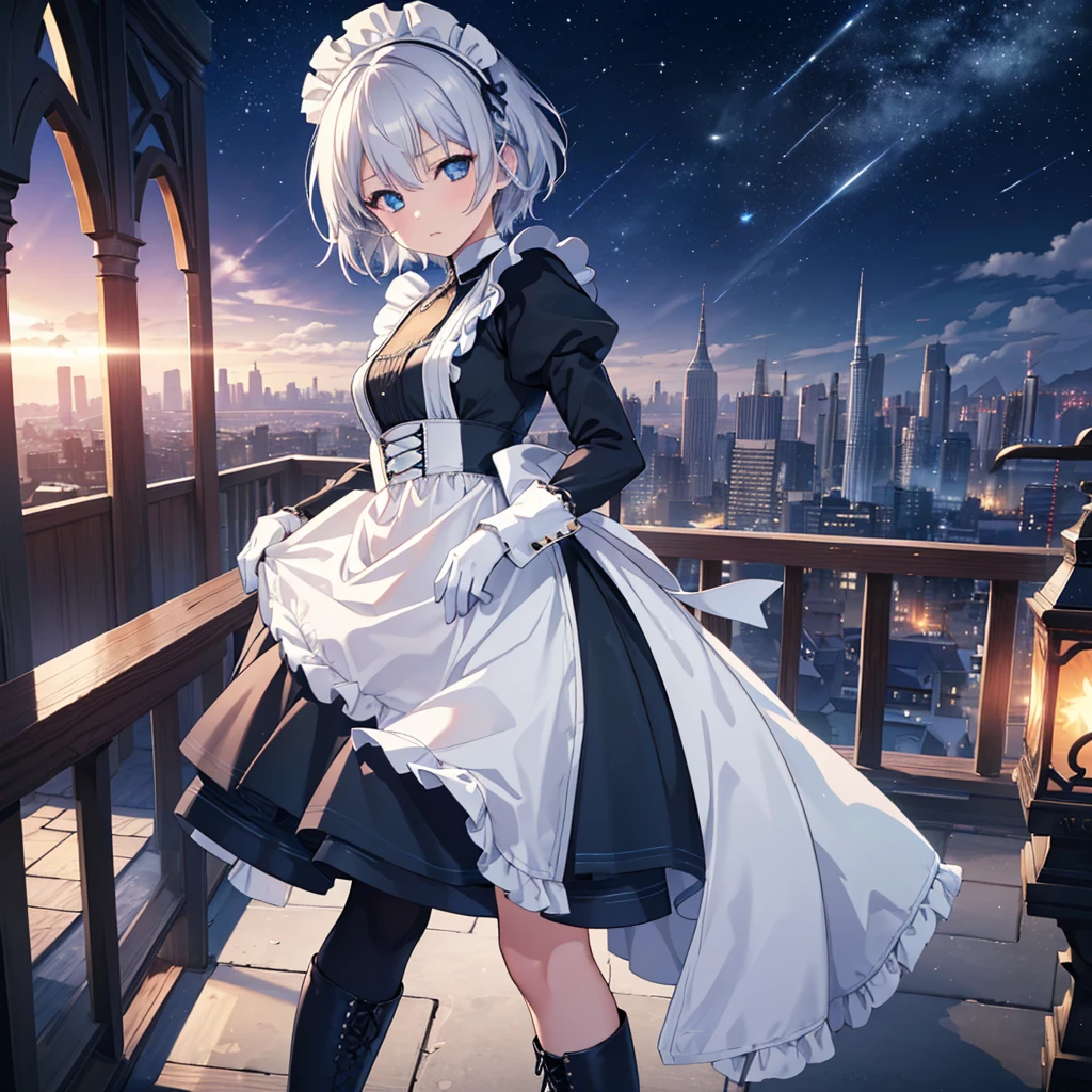 Illustration of one person, Woman Looking Back, Perfect Human Medicine, {{{{{Maid clothes}}}}},Small Tits,Anime Assortment,Cool,cyber punk,{{{{{50 year old woman}}}}} ,{{{{{a person is depicted}}}}},(Official Art、{{{{{Upper Bodyアングル}}}}},Highest quality、Unity 8k wallpaper、32k、masterpiece、Ultra-detailed、Ultra-high resolution, Realistic、Grab your hair with your hands, Photorealistic:1.2)、(Cinema Lighting:1.2)、,Fire Glow Effect、The most grainy shadows on the film、Rim Light、Side light、Side Shot、(Ultra-detailedで複雑な3Dレンダリング)、Very short hair, Short wolf hair,細部までBeautiful Faceと目、Sharp pupils、Realistic生徒、Slender、１men and women、、white maid hat, Highly detailed background、Beautiful Face、Beautiful 16 year old girl、(Ultra-detailedなスキン、Detailed skin texture:1.Silver Hair:1.3)、Blunt bangs、blue eyes、{{{{{黒いMaid clothes}}}}}、White apron costume、Black knee socks、(Thighs Thighs Thighs Thighs:0.8)、Black Bhutan stick and beautiful night sky、Medieval city at night、Dancing on the Tower Roof:1.4)、(avert your eyes、Overlooking the city:1.3)、Fantastic、Close your mouth and bite, Makes your face smaller,(Tabletop), Highest quality, Expressionless eyes, Perfect Face, 1 Girl, alone, Eye color is light blue, Hair between the eyes, Very Short Hair, blue eyes, Silver Hair, Knee-high boots, corset,Black gloves, Long sleeve, Futuristic floating city, Upper Body,
