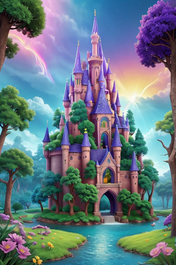Imagine a world where magic is everywhere! Design an enchanted setting with floating castles, forests full of fantastic creatures like unicorns, Dragons and fairies, and rivers that shine at night. Think giant trees with secret doors, Singing flowers and rainbow skies. Include details like magic wands, sparkling potions and star paths. Use bright, vivid colors to bring to life this magical world where everything is possible and every corner holds a new adventure.!