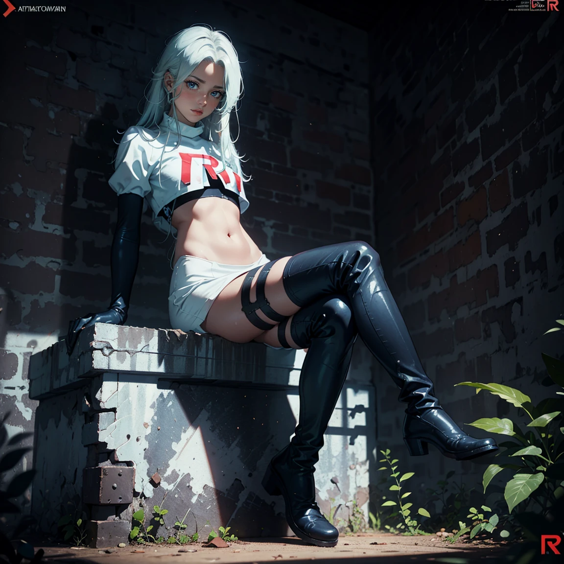 1girl, (solo), very long straight hair, light blue hair, flat chest, small size, blue eyes, fair skin, glossy lips ,team rocket uniform, red letter R, white skirt, white crop top, black thigh-high boots, black elbow gloves, perverted smile, red cheeks, looking down on viewer, sitting down, legs crossed, naked sex, sex view, lots of cum on sex, full body, (days), sun, forest, (very sexy body, detailed face, masterpiece, highly detailed, 8k, best quality, vibrant colors, digital art, concept art)