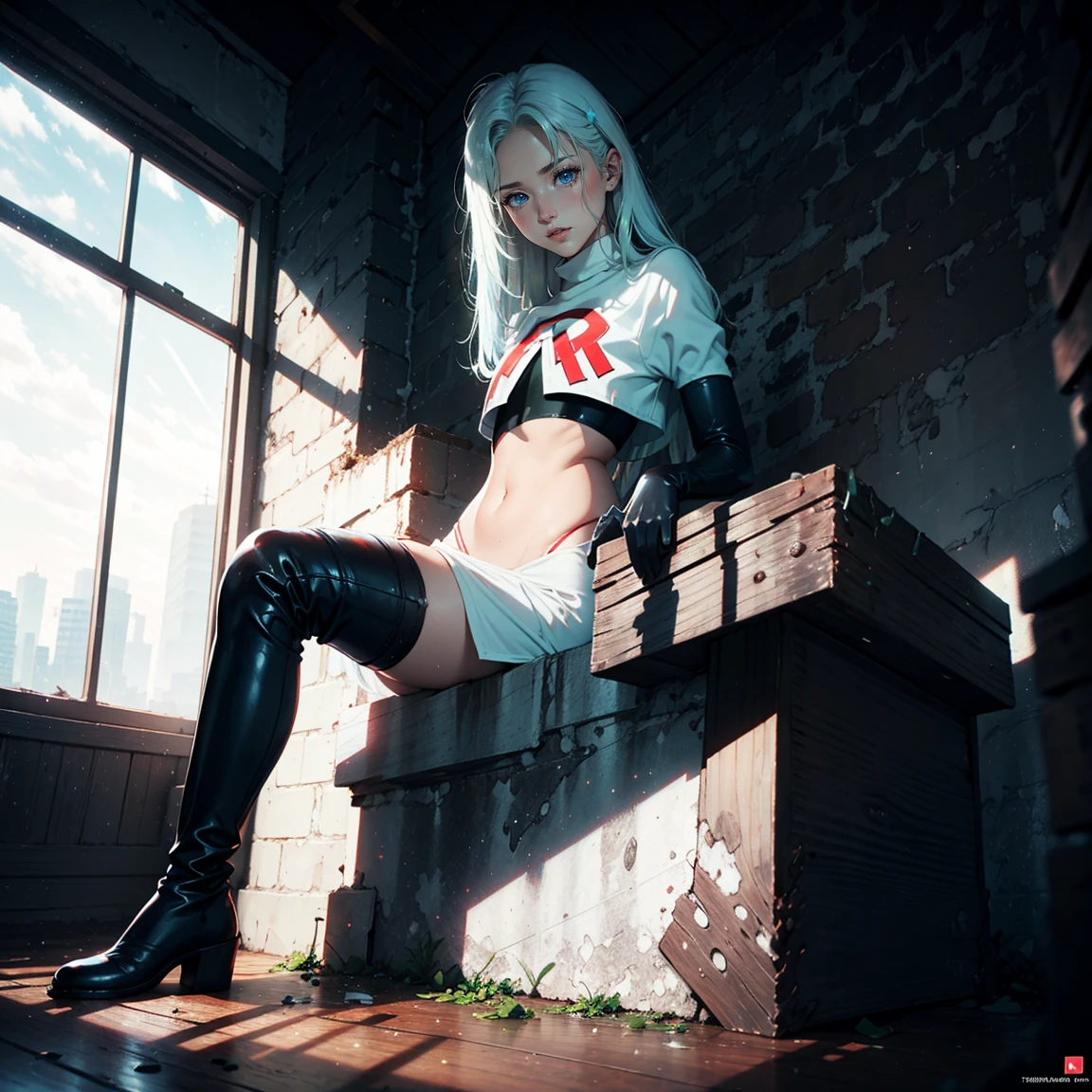 1girl, (solo), very long straight hair, light blue hair, flat chest, small size, blue eyes, fair skin, glossy lips ,team rocket uniform, red letter R, white skirt, white crop top, black thigh-high boots, black elbow gloves, perverted smile, red cheeks, looking down on viewer, sitting down, legs crossed, naked sex, sex view, lots of cum on sex, full body, (days), sun, forest, (very sexy body, detailed face, masterpiece, highly detailed, 8k, best quality, vibrant colors, digital art, concept art)