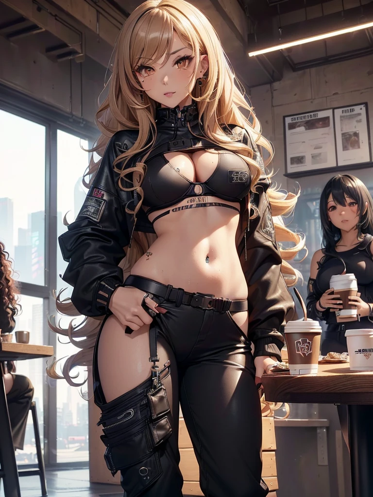 (masterpiece, detailed shadow's, detailed background, detailed background, best quality, expressive eyes, perfect face), (((gyaru, drinking coffee)), (( long curly hair, underboob,)), (wearing techwear clothes, tech wear fashion, techwear trouser, cyberpunk), ((pierced belly Button)), little tan, ((in crowded cafe)), drinking coffee,